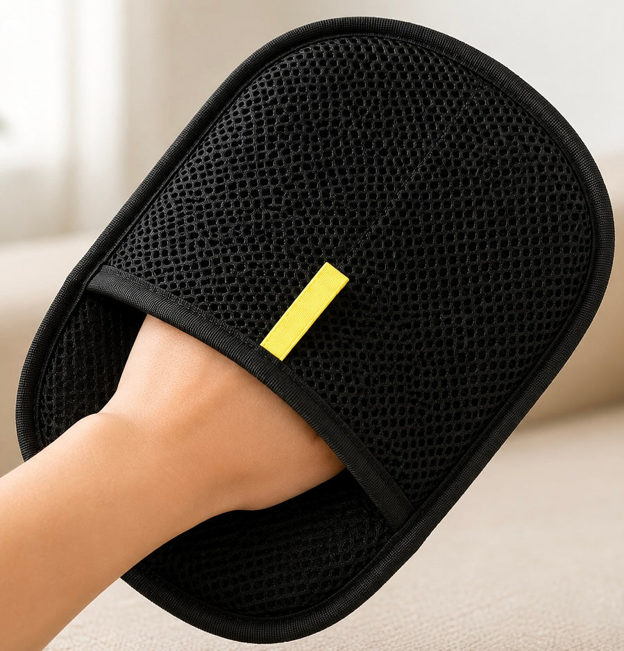 Eine Hand in der schwarzen Netztasche des FELLUNO Tierhaarentferner-Handschuhs.